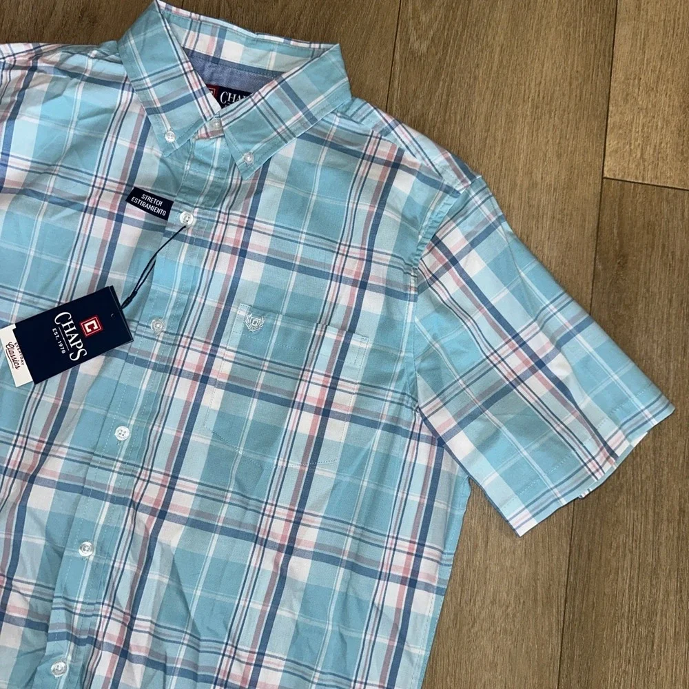 Chaps Men's Everyday Classic S/S Button‎ Down Plaid Shirt Pastel Stretch Med NWT
